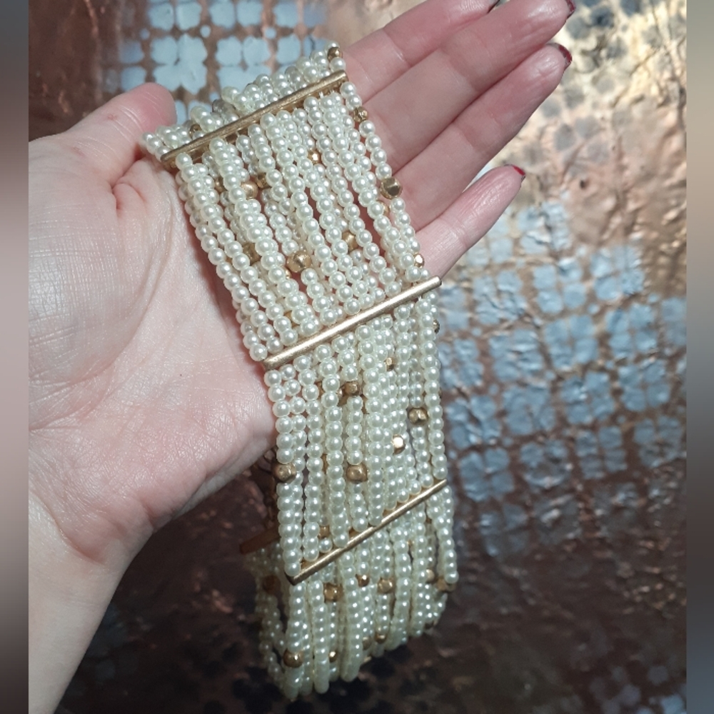 Zara Cream Pearl Multi-Row Choker with Gold Accents - Picture 12 of 14
